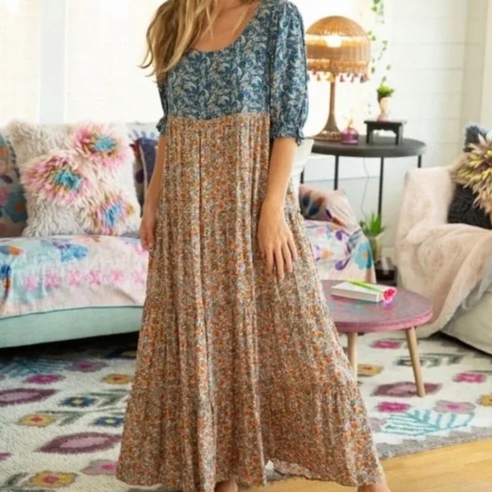 NATURAL LIFE Blue and Orange Mixed Floral Maxi Dress